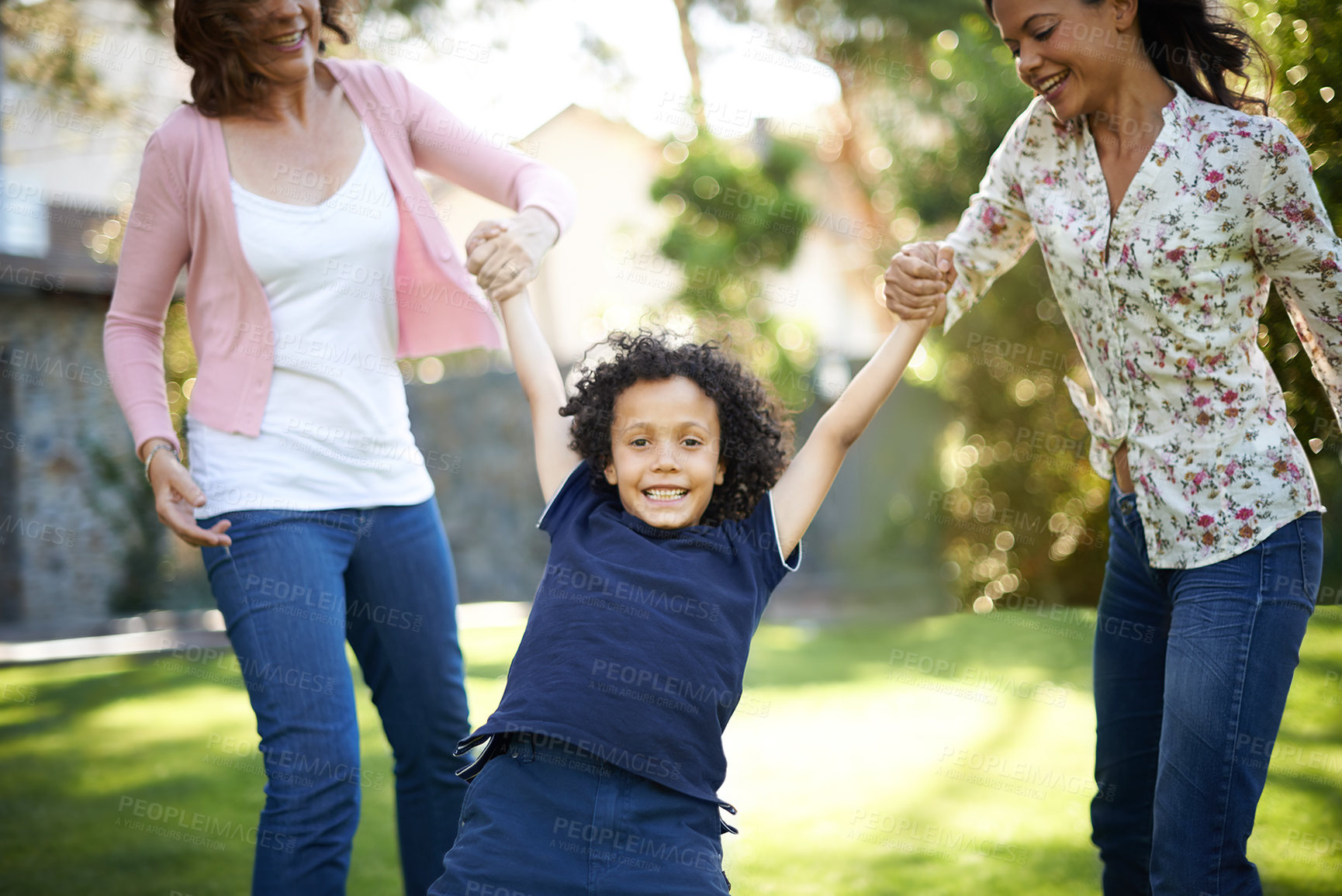 Buy stock photo Grandmother, mom or boy in park to play with love, care or wellness outdoors for bonding together. Holding hands, family and happy son in nature to swing with grandma, child and smile with parent