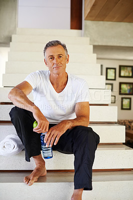 Buy stock photo Mature man, portrait and stairs for workout, fitness and wellness for health and smile. Guy, apple and water for food, nutrition and hydration with diet happiness and training for cardio exercise