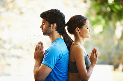 Buy stock photo Man, woman and yoga class for workout, fitness and wellness for health and meditation. People, sitting and zen for peace, lotus pose and balance with instructor for holistic energy with home pilates