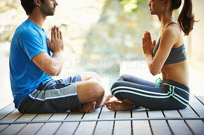Buy stock photo Man, woman and yoga class for meditation, fitness and wellness for health and workout. People, sitting and zen for peace, namaste and balance with instructor for holistic energy with home pilates