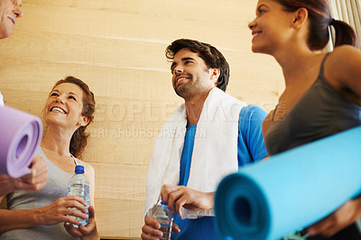 Buy stock photo People, group and smile for yoga, fitness and wellness for health club. Friends, workout and water for training, cardio and exercise with pilates and happiness together with coach for gym class