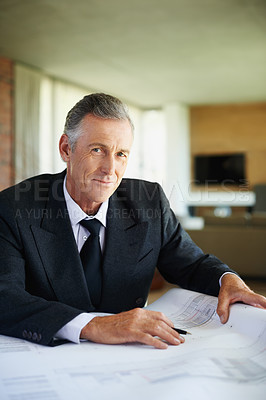 Buy stock photo A professional businessman going over some plans carefully