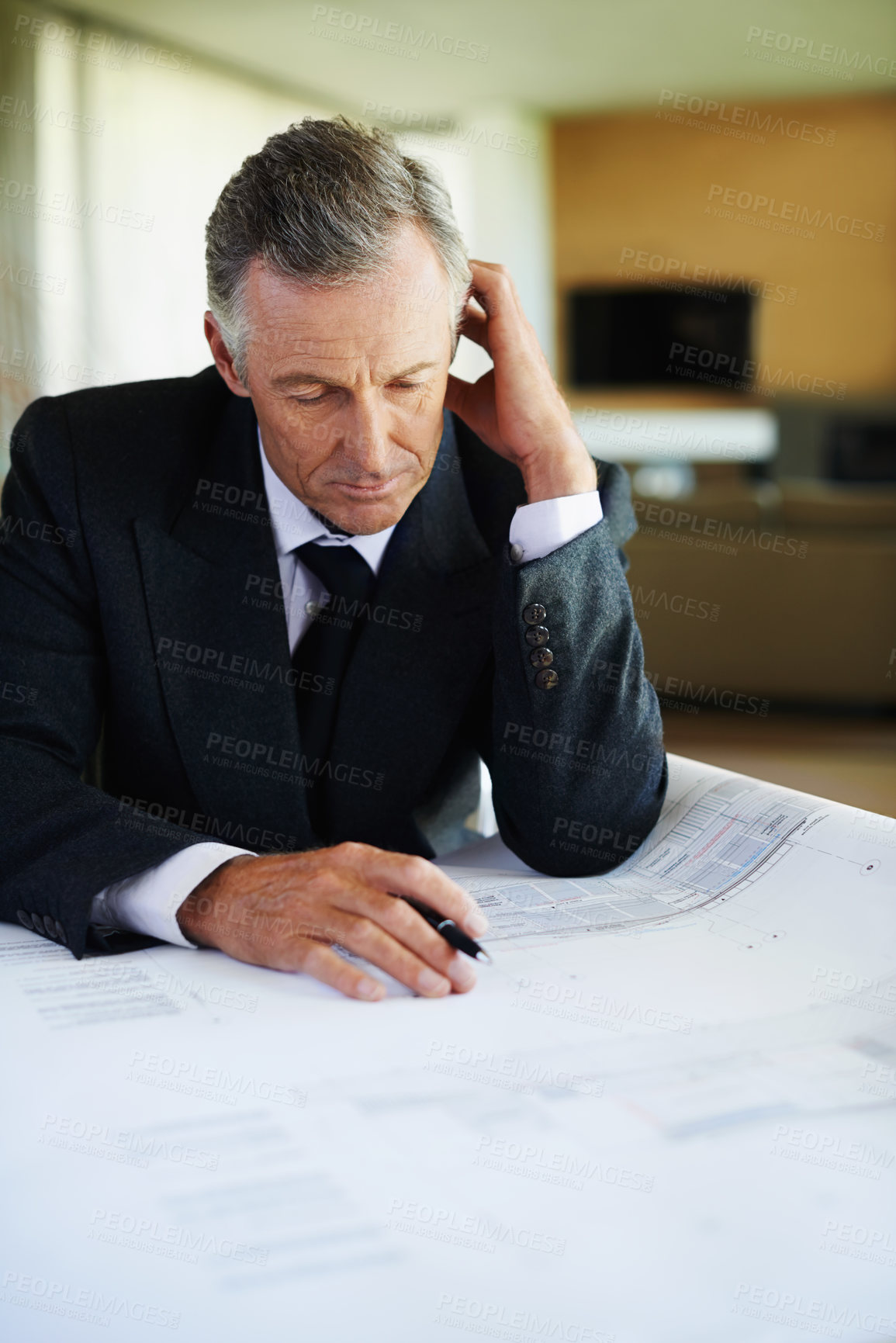 Buy stock photo Stress, blueprint and mature man in office, thinking and planning for risk of investment in property. Real estate, realtor and executive of business, reading and anxiety of paperwork for budget