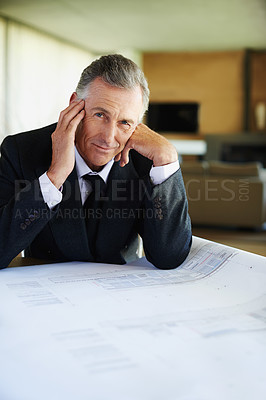 Buy stock photo Portrait, businessman or ceo with blueprint for planning, building design and floor plan on desk. Office, architecture and mature architect with paper for renovation, estate development and ideas