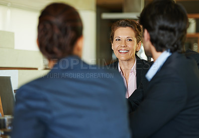 Buy stock photo Business people, teamwork and collaboration in office together for meeting, discussion or deal negotiation. Woman, colleagues or employees in workplace talking in group for plan, agenda and feedback