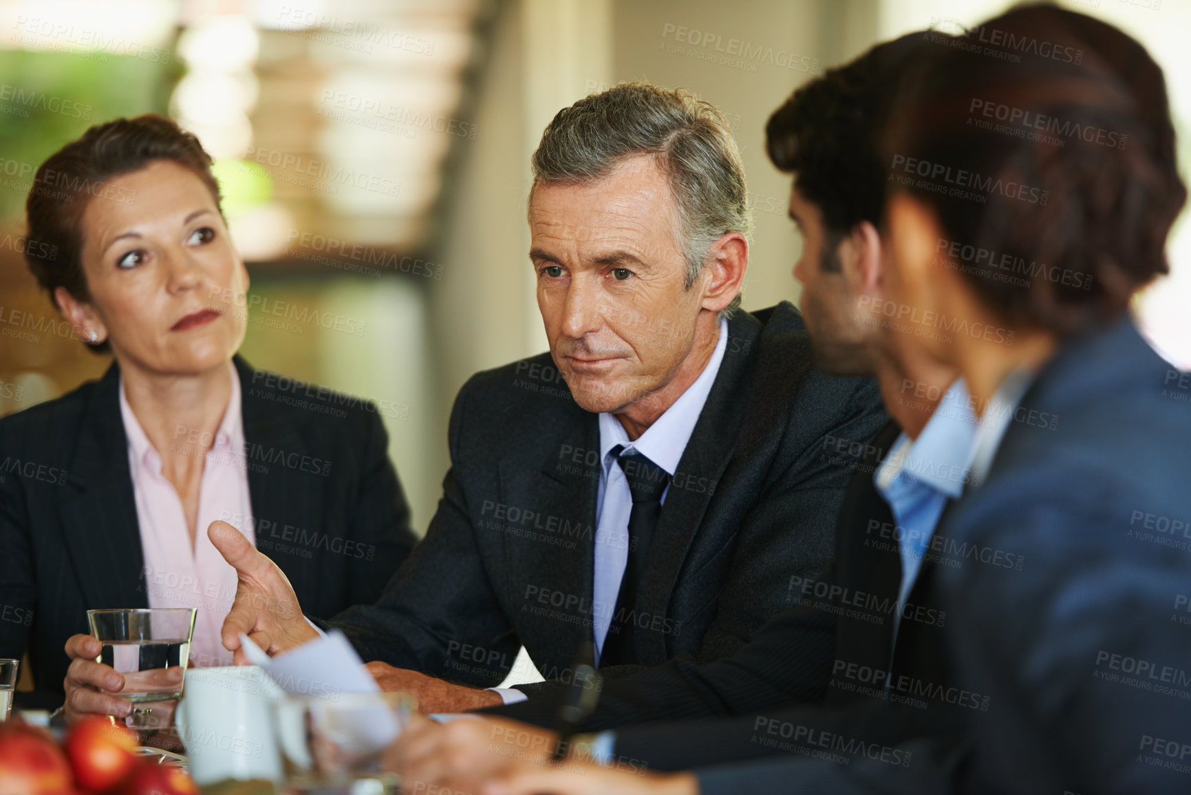 Buy stock photo Business people, group and meeting for review, brainstorming and planning with idea, corporate training and cooperation. Financial, accounting or staff with teamwork, investment and funding feedback