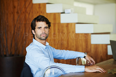 Buy stock photo Serious, business and man in office portrait for dedication in corporate career, determination and professionalism in workplace. Businessman, relax and human resources manager for company or job.
