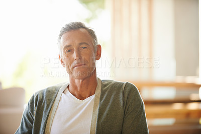 Buy stock photo Senior, man and portrait and happy in home, peace and retired or smile for retirement and relax in apartment. Face, gratitude and wellness in living room, comfort or wisdom reflection or elderly care