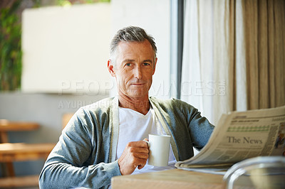 Buy stock photo Mature, man and portrait and happy in home, peace and retired or smile and relax in apartment. Face, gratitude and wellness in living room, world update and stock information or financial and economy