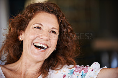 Buy stock photo Face, mature woman and happy in home to relax on day off and leisure. Female person, holiday and smile on break, chill and self care with fun, joke and laugh for positivity or enjoy on vacation
