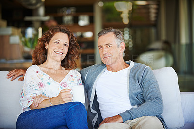Buy stock photo Senior couple, love and portrait with happiness about retirement at cafe, restaurant and coffee shop together in Italy. Partnership, mature man and woman in bistro to relax in lounge for elderly care