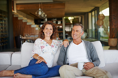 Buy stock photo Senior couple, love and thinking with happiness about retirement at cafe, restaurant and coffee shop together in Italy. Partnership, mature man and woman in bistro to relax in lounge for elderly care
