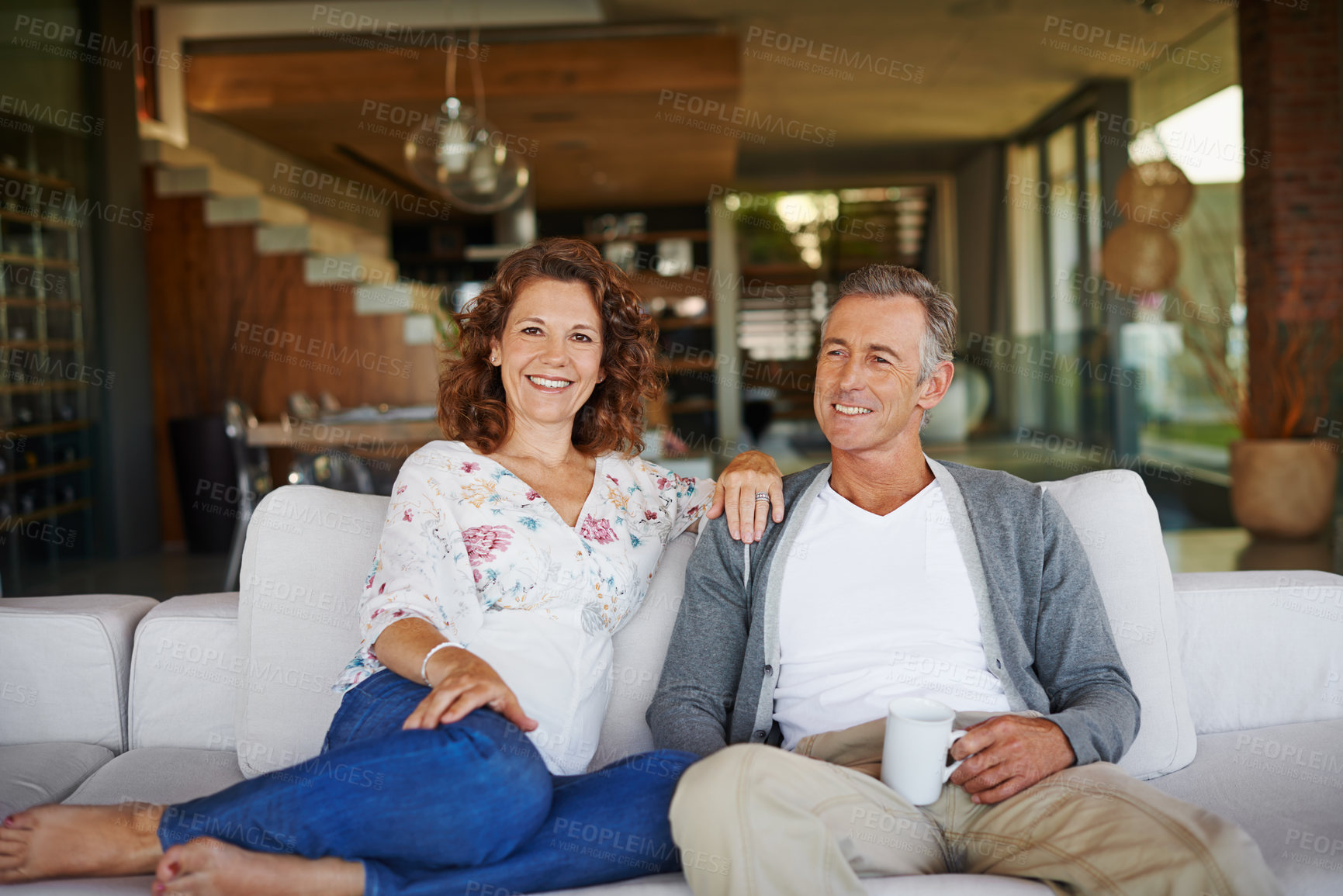 Buy stock photo Senior couple, love and thinking with happiness about retirement at cafe, restaurant and coffee shop together in Italy. Partnership, mature man and woman in bistro to relax in lounge for elderly care