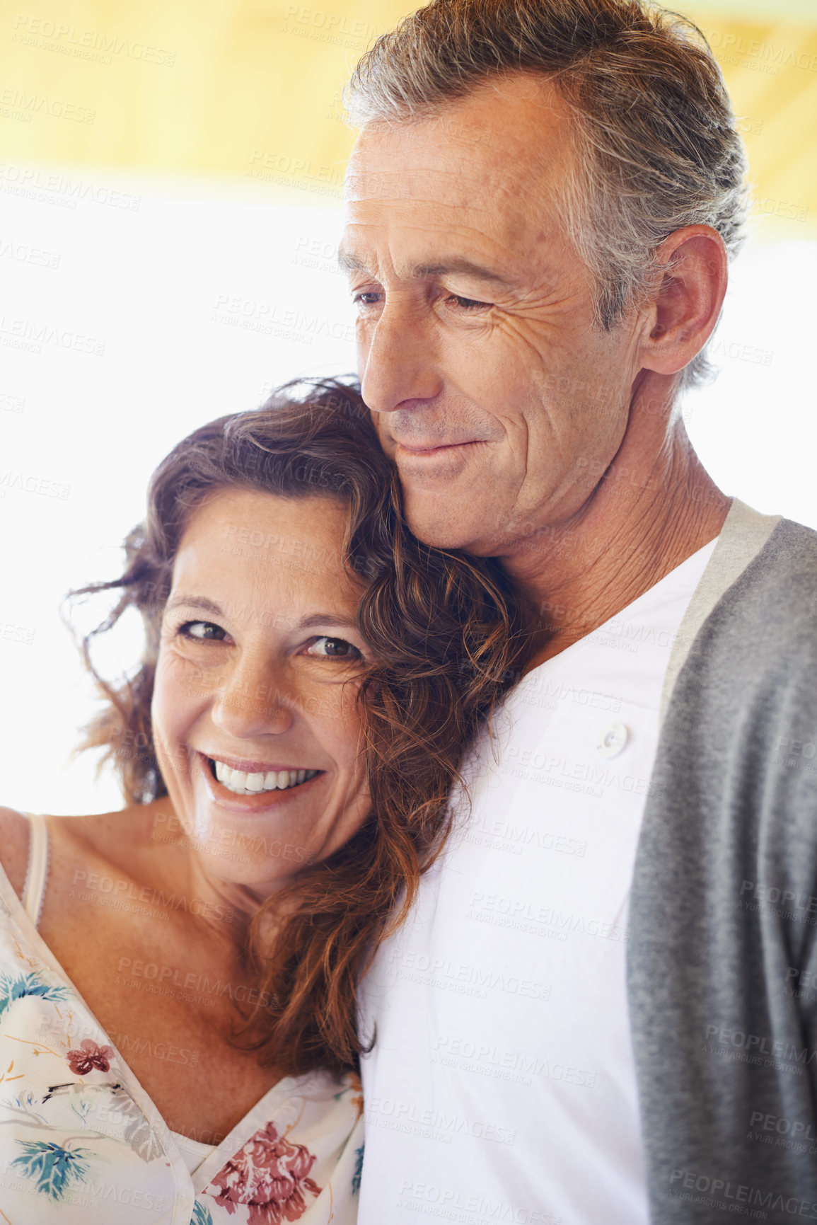 Buy stock photo Portrait, happy woman and couple together for love, connection and relax at home for partnership. Face, smile and mature man with care, commitment and healthy relationship at apartment for marriage