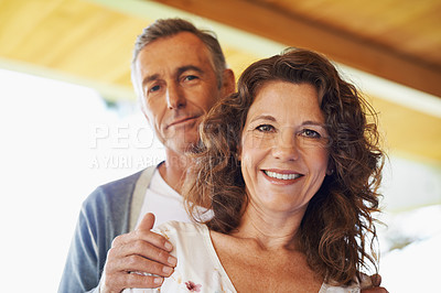 Buy stock photo Portrait, smile and couple together for love, connection and relax at home for partnership. Face, happy woman and mature man with care, commitment and healthy relationship at apartment for marriage