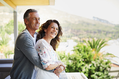 Buy stock photo Mature couple, happy and smile on vacation in Indonesia for holiday as married, people and cheerful. Man, woman and embrace with love, bonding and romance for anniversary in relationship in Bali