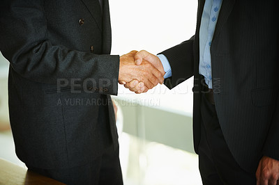 Buy stock photo Business people, handshake or collaboration in office together for meeting, contract discussion or deal negotiation. Corporate, partner or employees in workplace for b2b plan, teamwork and feedback