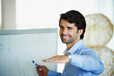 Buy stock photo Meeting, presentation and businessman with whiteboard in office for company growth, budget or speaker. Professional, graph and person with gesture for profit, training or progress at Investment firm