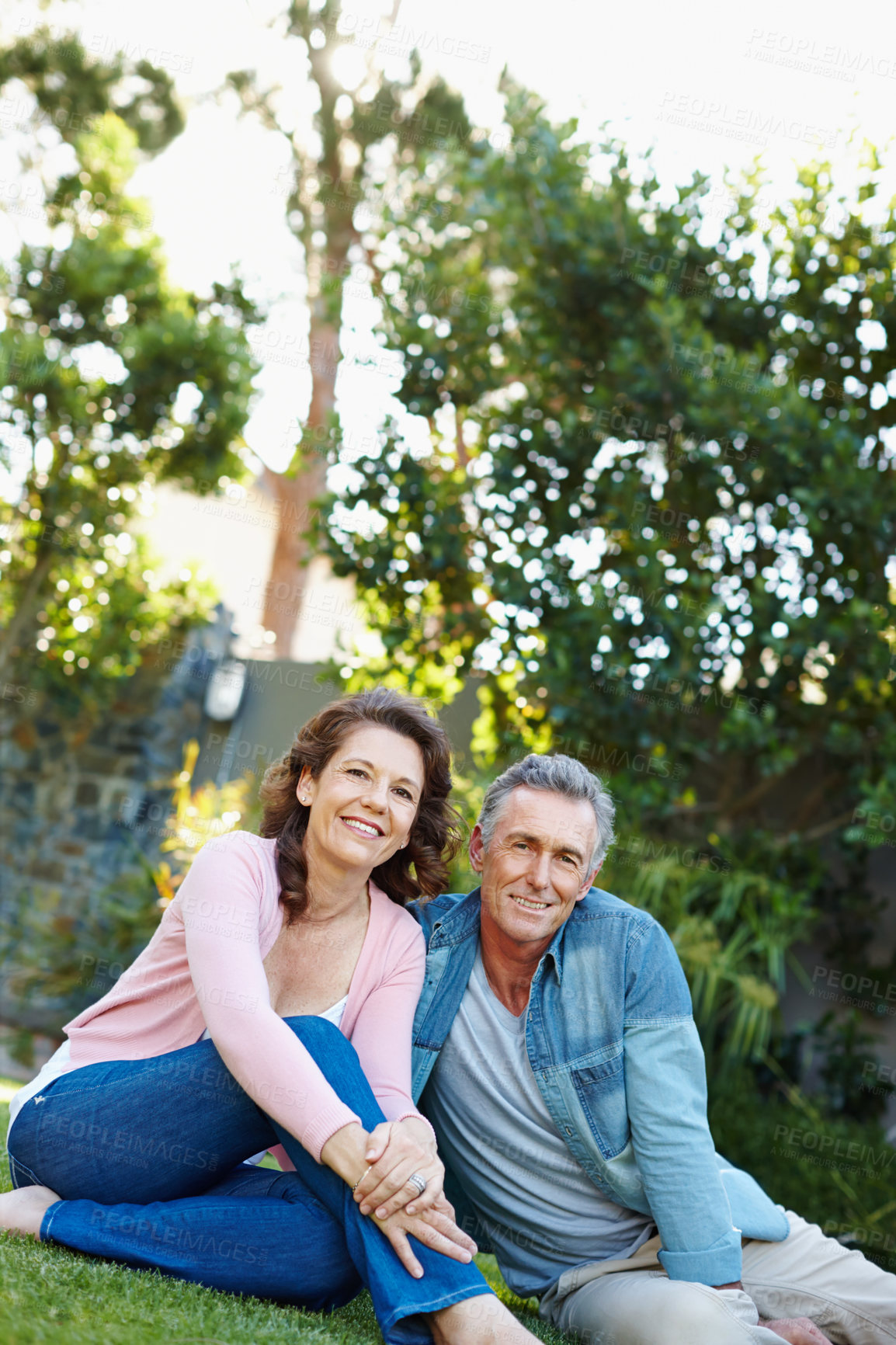 Buy stock photo Park, portrait and mature couple on grass for picnic date with love, care and bonding together. Nature, happy marriage and garden with people and relax in summer with travel trip and vacation