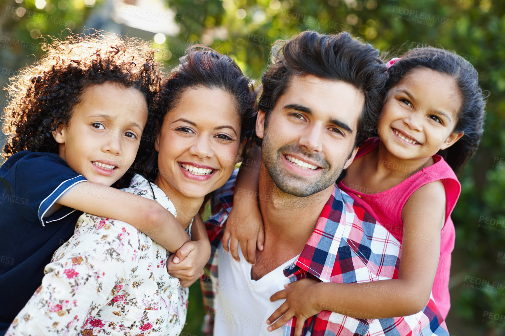 Buy stock photo Family, portrait and piggyback children in garden and embrace in backyard with love and support. Carry, kids or happy interracial parents outdoor on adventure, journey or travel in park on vacation 