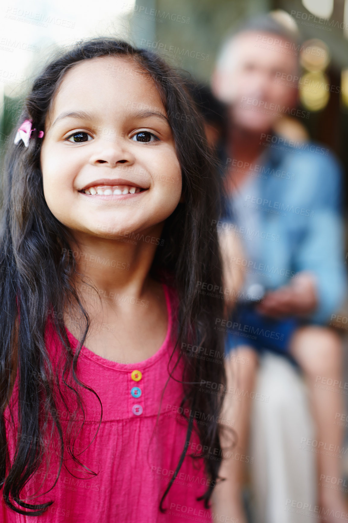 Buy stock photo Child, happy and portrait of girl in home with people for weekend, together and care or love. Kid, grandfather and face with smile and excitement for reunion, relationship and time with family