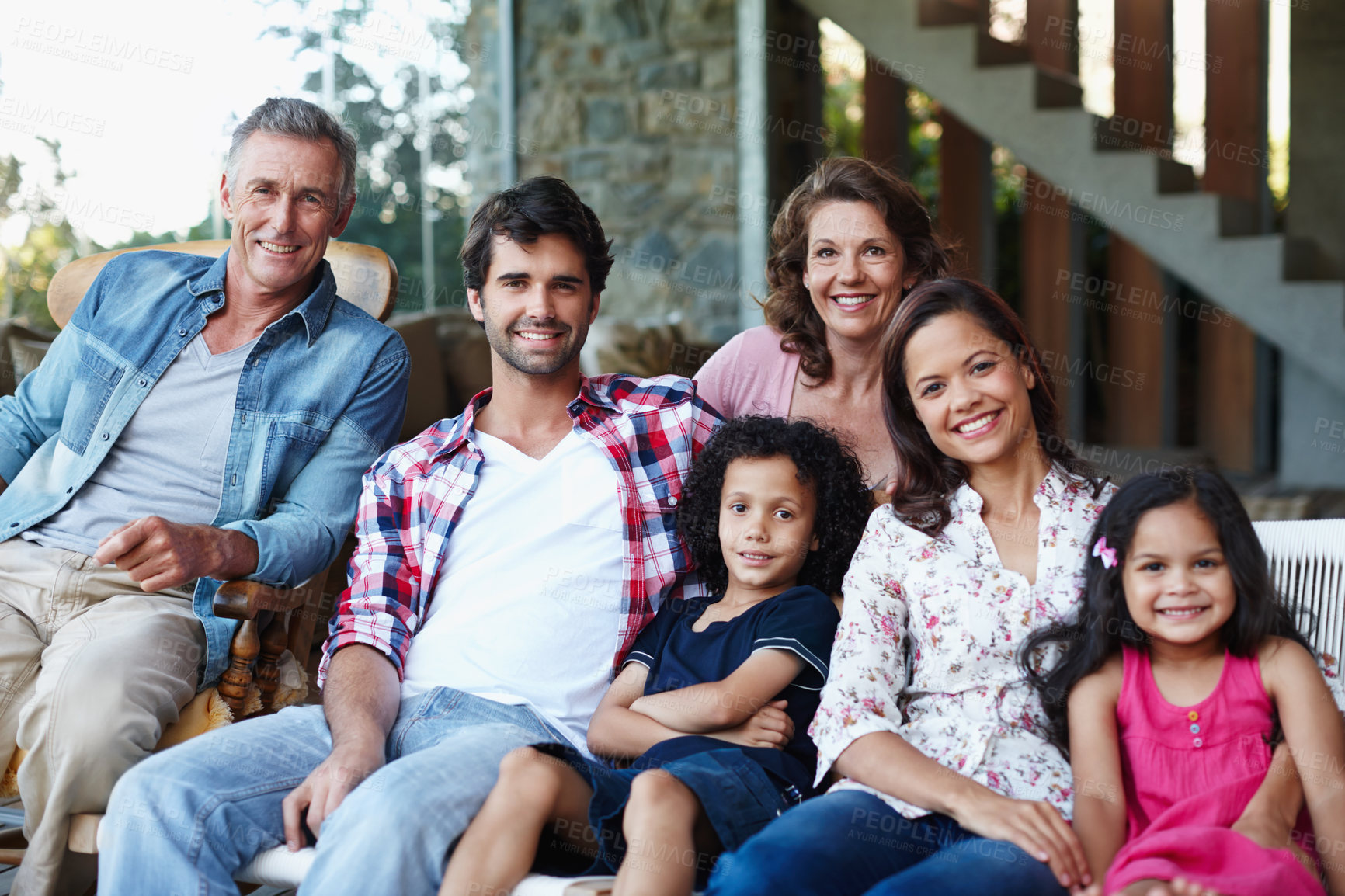 Buy stock photo Portrait, happy and big family in home for relax, support or interracial people bonding together for care. Mother, father and children with grandparents for love, connection and healthy relationship