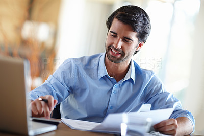 Buy stock photo Documents, laptop and businessman in office for research on budget planning for startup company. Paperwork, computer and professional male financial advisor working on corporate payroll in workplace.