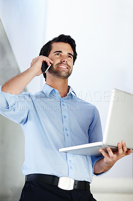 Buy stock photo Businessman, laptop and happy with phone call for conversation, online and networking for problem solving with discussion. Man, smartphone and internet for email, communication and business task.