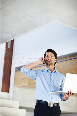 Buy stock photo Businessman, laptop and happy with phone call for conversation, online and networking for problem solving with discussion. Man, smartphone and internet for email, communication and business task.