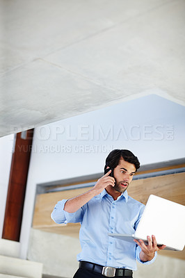 Buy stock photo Businessman, shocked and call with laptop in office with surprised trader in workplace with phone communication. Wow, discount and good news for broker with stock market, tech and trading in Spain.