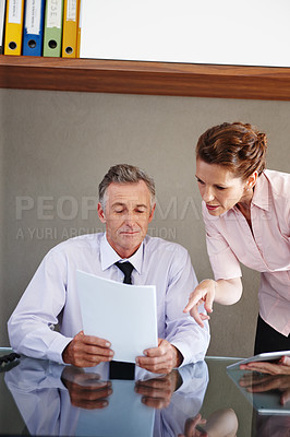 Buy stock photo Team, business people and meeting with paperwork for training, discussion or mature ceo brainstorming in office. Leader, coaching and mentor with financial consultant on tablet for project strategy