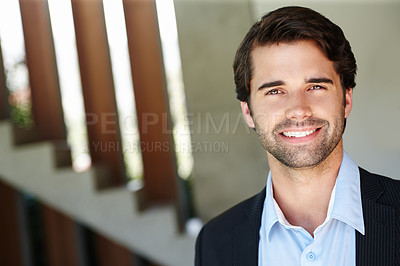 Buy stock photo Man, portrait and real estate agent with smile for trust as property investment or home loan, about us or realtor. Male person, face and confident in apartment with for sale, pride or professional