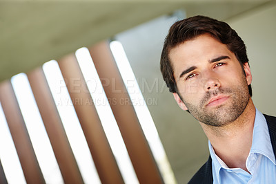 Buy stock photo Serious, thinking and man in suit, office and lawyer with idea for law firm, case and trial. Corporate, employee and attorney with goal, staff and expert in business and thoughtful for justice