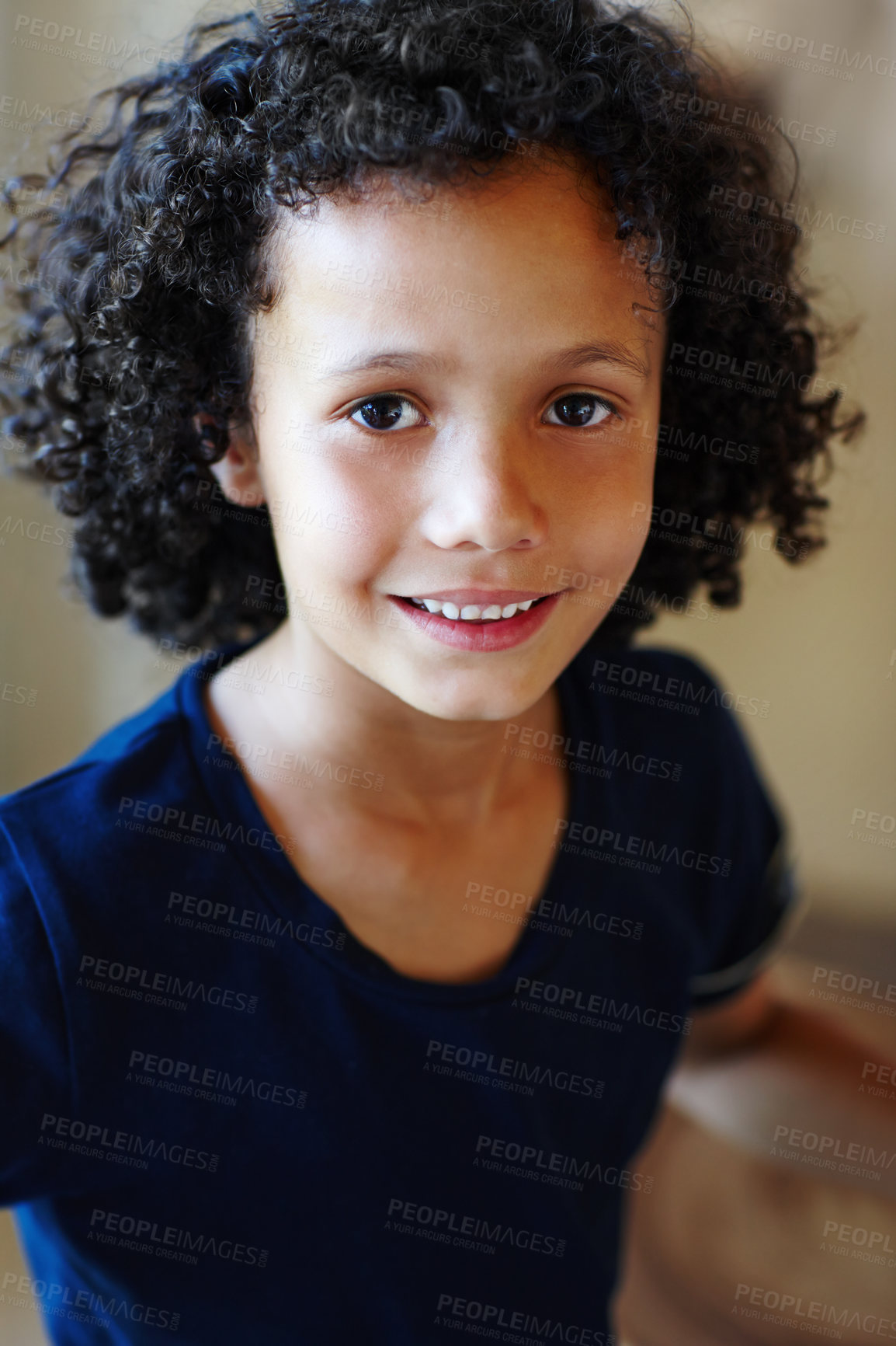 Buy stock photo Funny, face and boy in portrait with playful personality for game, laugh or happy youth at school. Comic, child and facial expression with afro for smile, crazy and playing at kindergarten with adhd