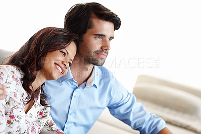 Buy stock photo An attractive young woman resting her head on her partners shoulder