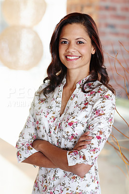 Buy stock photo School, teacher and portrait of woman with arms crossed at academy for learning or education. Happy, tutor and educator excited for teaching knowledge, info and preschool campus of kindergarten