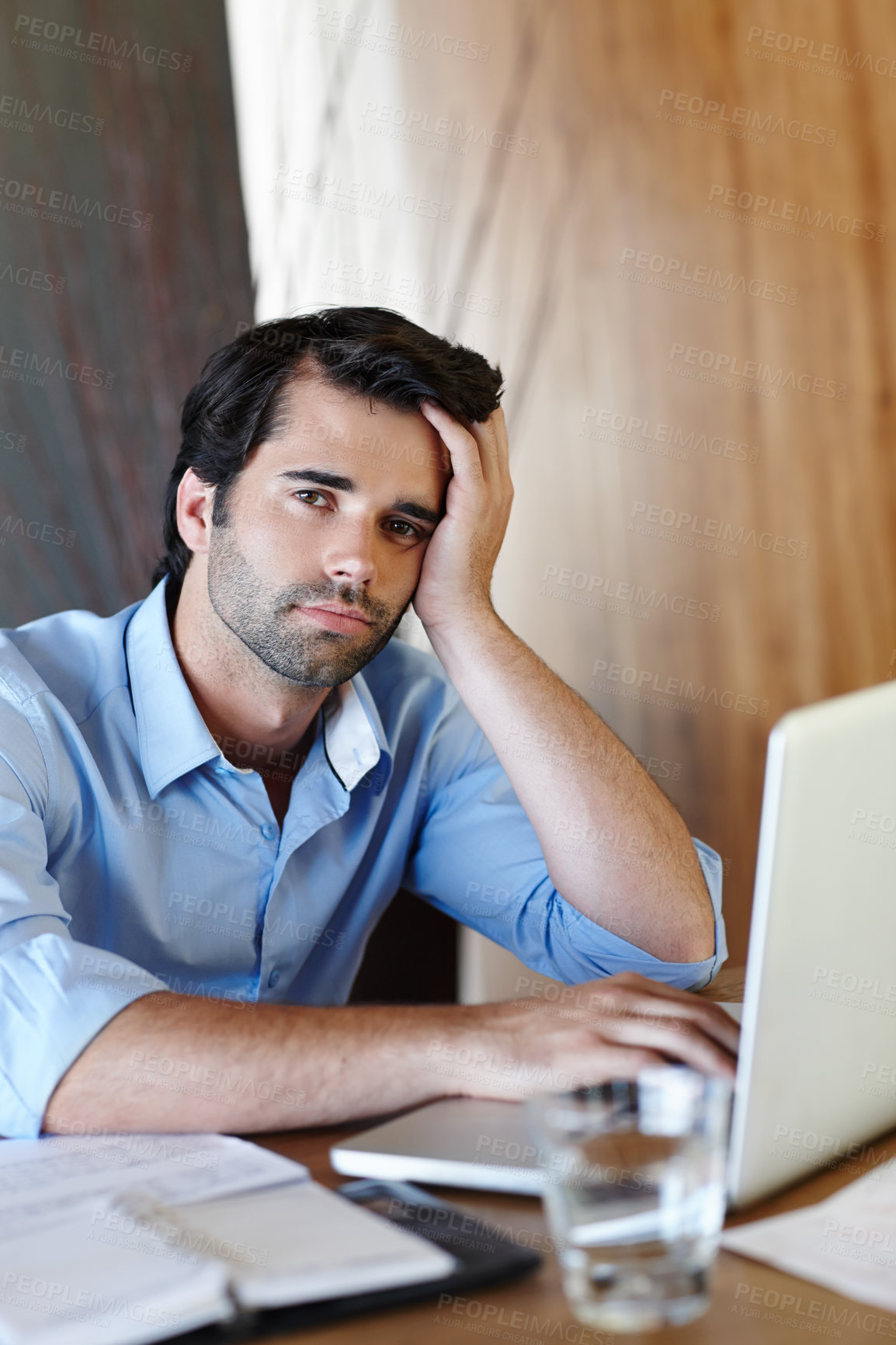 Buy stock photo Depression, laptop and portrait of business man at desk in office with pressure of project deadline. Bankruptcy, debt or finance and accountant with burnout working on computer for audit or tax