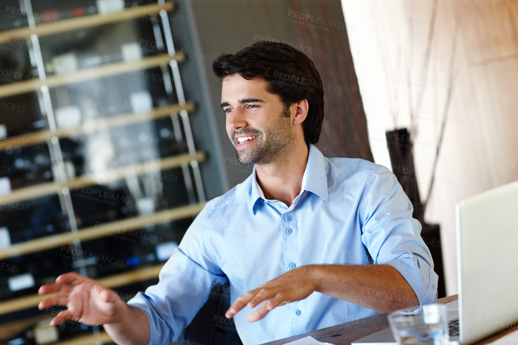 Buy stock photo Laptop, lawyer and man with smile in home office in talking, hand gesture and excited for new contract or client. Legal, advisor and professional on technology for online, digital or estate planning
