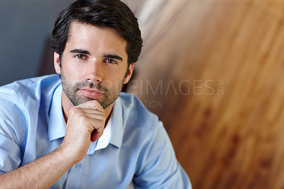 Buy stock photo Serious, thinking and man in portrait, office and lawyer with idea for law firm, case and trial. Corporate, employee and attorney with goal, staff and expert in business and thoughtful for justice