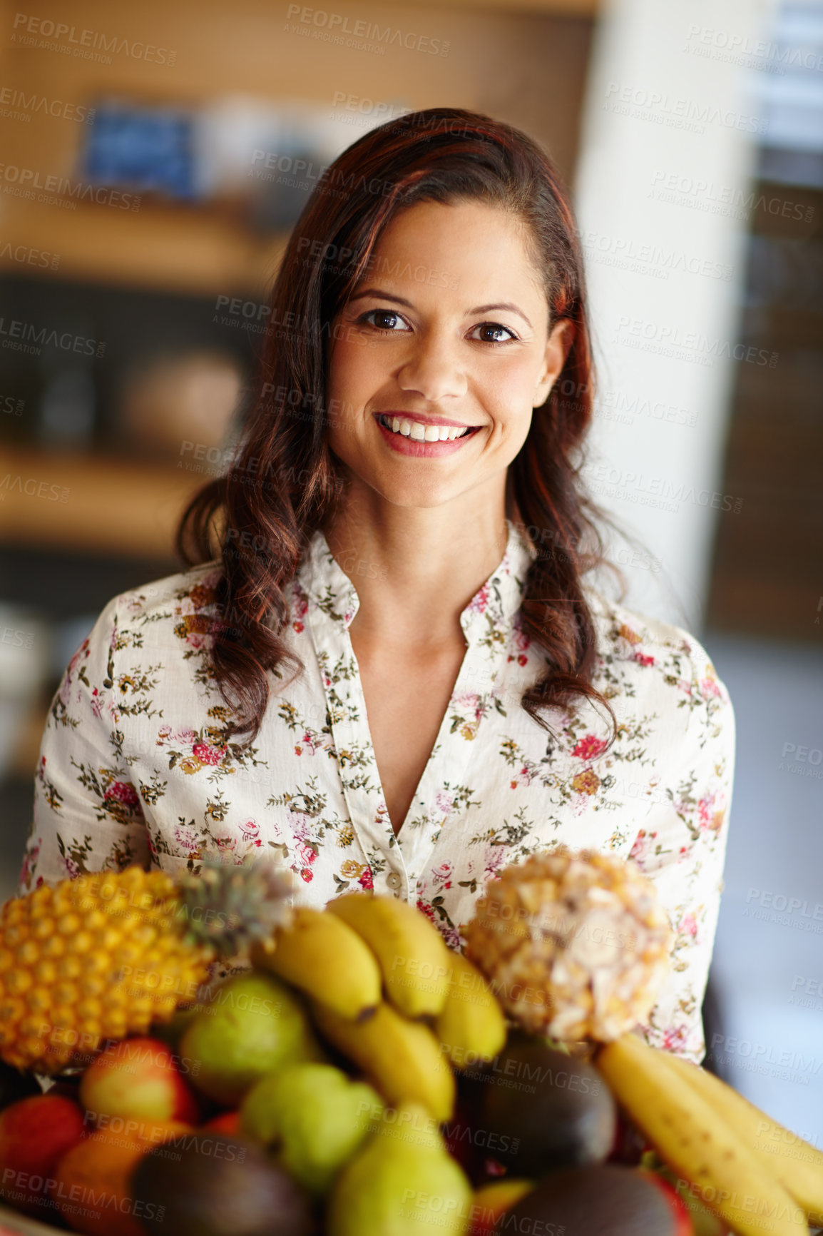 Buy stock photo Portrait, woman and smile with fruit in house with nutrition for health or natural diet with balance. Nutritionist, food and organic with vitamins for variety with fiber, wellness and freshness