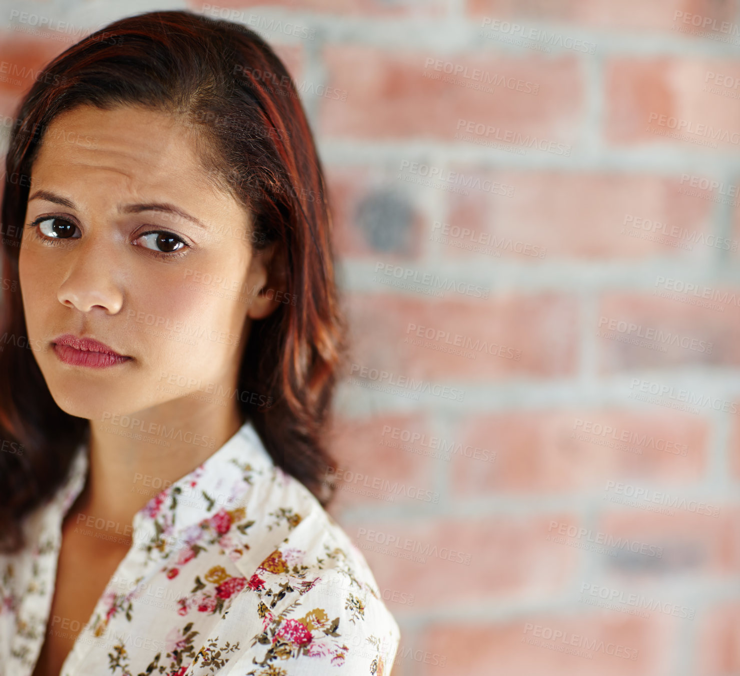 Buy stock photo Thinking, serious and woman with stress by brick wall from anxiety, planning and mistake for doubt. Worried, female person and anxious from creative design as designer with project deadline crisis