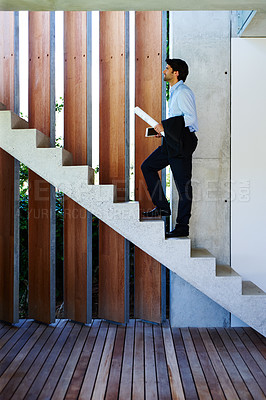 Buy stock photo Man, architecture and home real estate with floor plan documents for property, investment or stairs. Male person, blueprints and developer planning or building explore or insurance, loan or realtor
