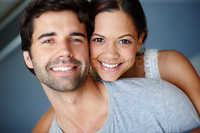 Buy stock photo Hug, portrait and smile with couple in bedroom of home together for bonding, marriage or support. Face, love or trust with happy man and woman in apartment to relax for morning or weekend time off