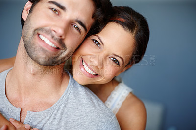 Buy stock photo Hug, portrait and love with couple in bedroom of home together for bonding, marriage or support. Face, smile or trust with happy man and woman in apartment to relax for morning or weekend time off