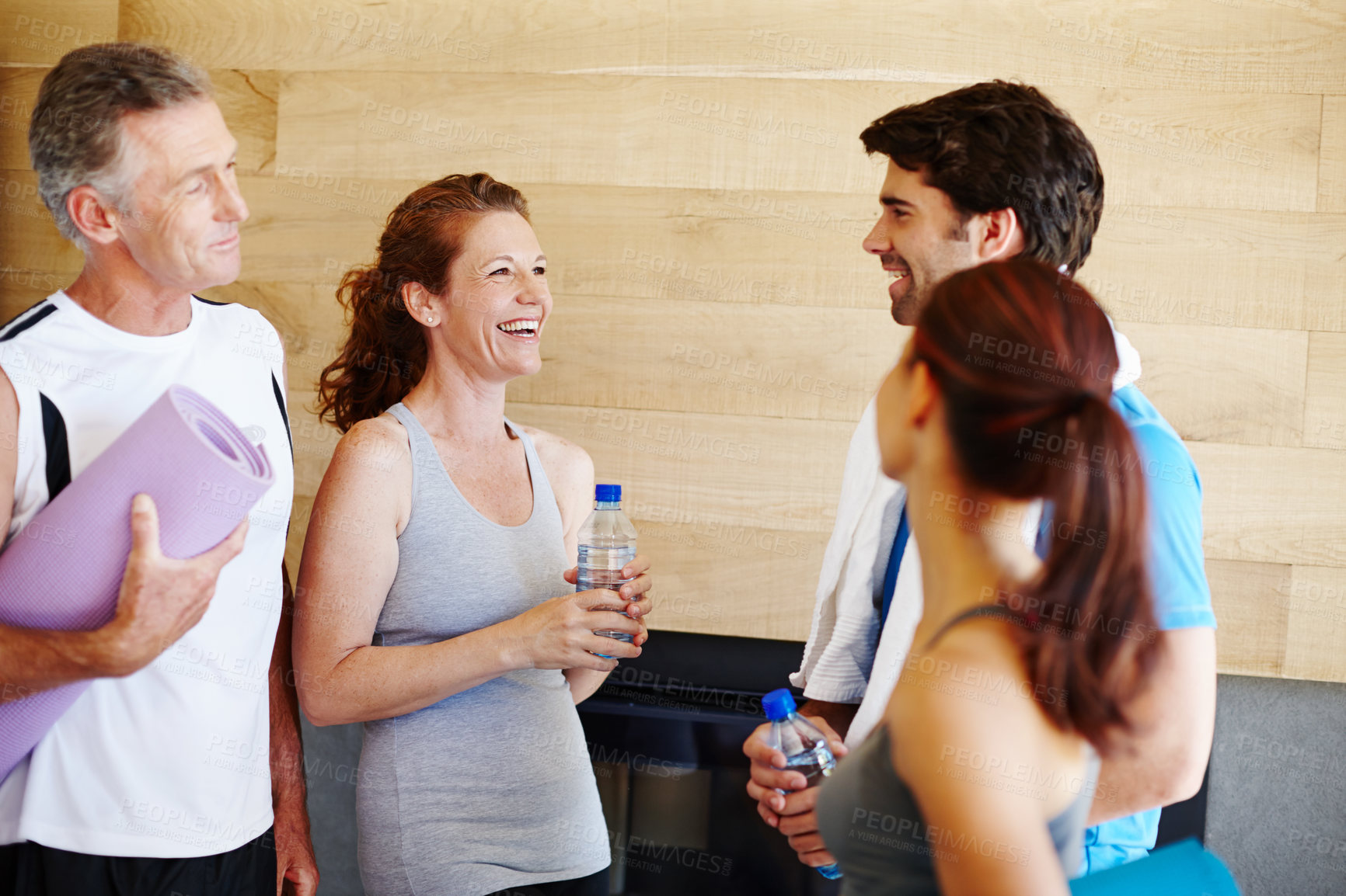 Buy stock photo Friends, yoga and happy at gym with exercise, fitness and wellness for mental health or class together. People, pilates and smile at sports club for balance, mind or body by meditation or reflection