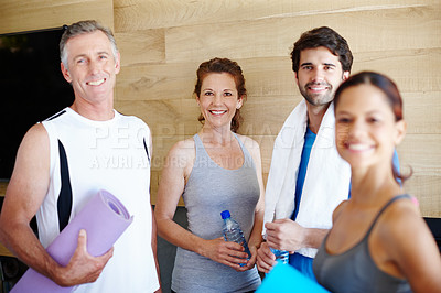 Buy stock photo Happy people, portrait or mat for yoga mat, fitness or group for pilates, workout or exercise. Mature, gym or yogi with smile, confidence or healthy wellness for training in studio for class together