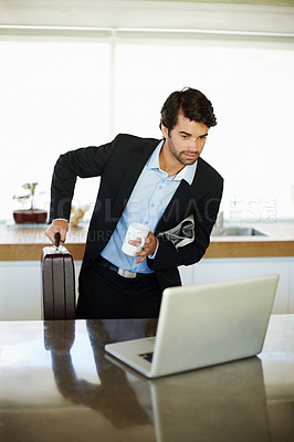 Buy stock photo Smile, reading and laptop for man, morning and happy for email from law firm, thinking and home. House, lawyer and person with briefcase, coffee and goal of justice as attorney,  and employee