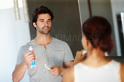 Buy stock photo Morning, happy couple and brushing teeth at home for dental, oral hygiene and routine with married people. Toothbrush, woman and man with mouth care, toothpaste and cleaning for wellness in bathroom