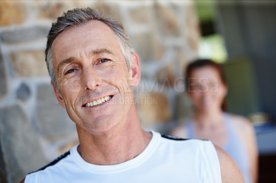 Buy stock photo Portrait, smile and training with mature couple outdoor on brick wall for fitness or running together. Cardio, workout and face of man with woman at start of daily exercise routine to improve health