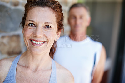 Buy stock photo Fitness, happy and portrait of mature couple outdoor on brick wall for running or training together. Cardio, exercise and smile with face of woman at start of workout routine to improve health